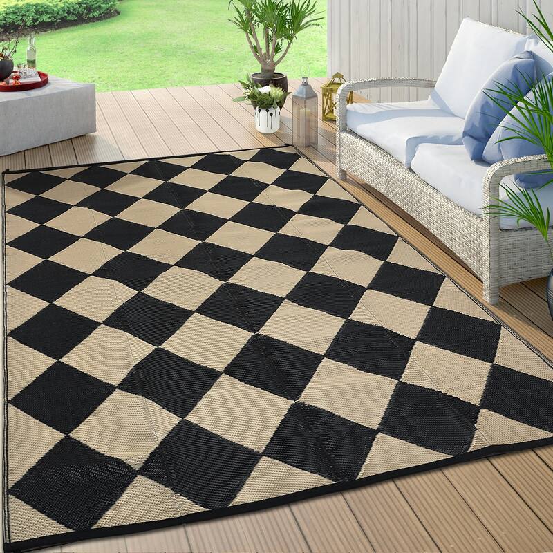Outdoor Rug Waterproof Reversible Rug Plastic Straw Rug Checkered Floor Mat Outside Carpet for Camping RV Backyard Patio - 10'x14' - Black Coffee