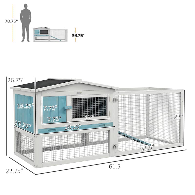 Outdoor Bunny Hutch with Waterproof Roof and Large Run Ramp Feeding Trough for 1-2 Small Animal - 61.5"L x 22.75"W x 26.75"H