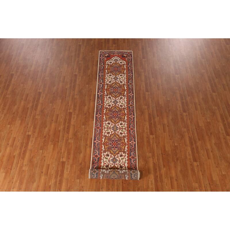 Traditional Heriz Serapi Runner Rug Hand-Knotted Beige Wool Carpet - 2'6" x 14'0"