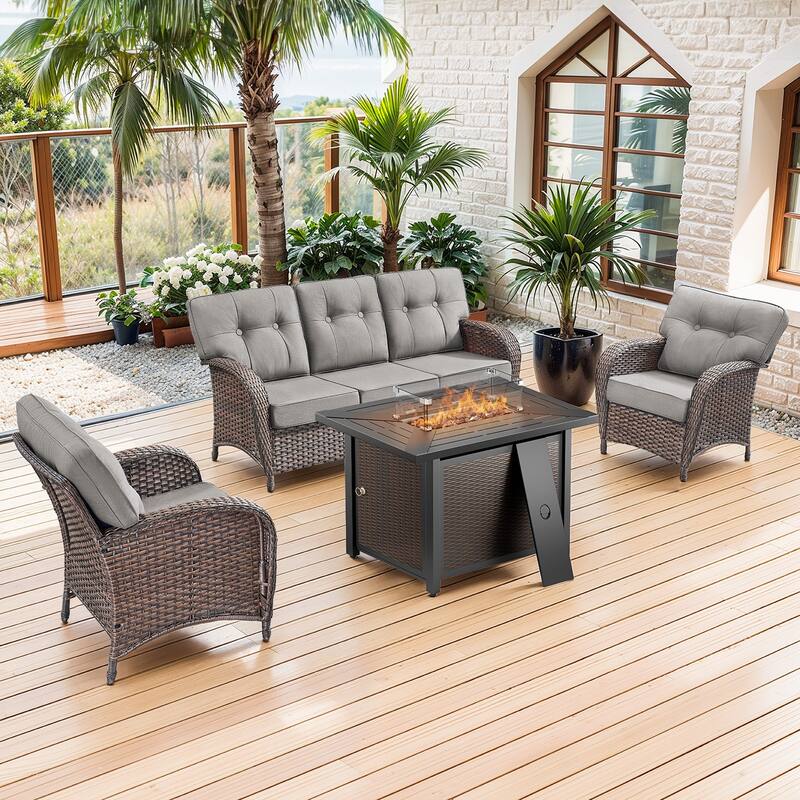 Pocassy Outdoor 43 In Fire Table with Sofa Patio Chair Set - Brown Wicker Gray Cushion - 6-Piece Sofa Patio Chair with Fire Pit Table