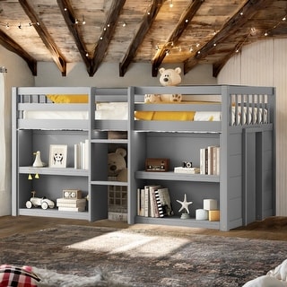 Twin Size Low Loft Bed with Two-Tier Shelves, LED Light, and Built-In Playroom for Kids