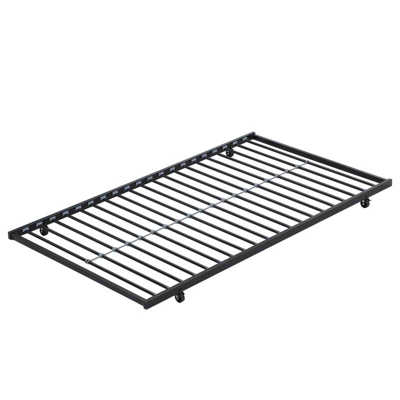 Black Twin over Twin Size Metal Bunk Bed with trundle, Ladder and Fence for Bedroom