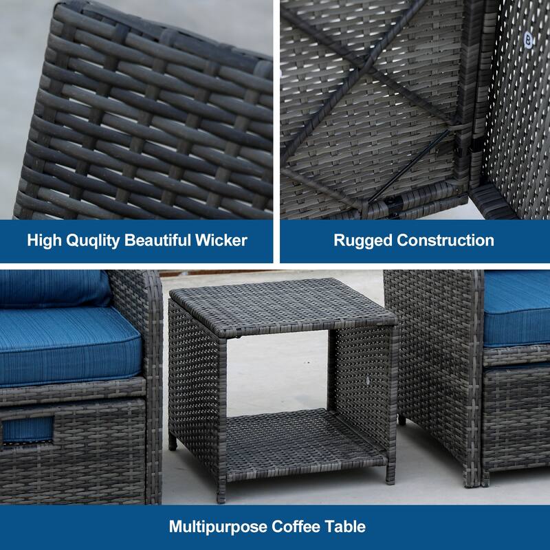 5-Piece Wicker Patio Chair Set with Ottomans and Coffe Table