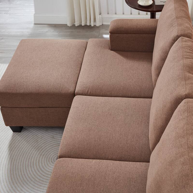 L Shaped 3 Seats Sofa with Armrest Organizer, Linen Sectional Sofa with Movable Ottoman, Comfy Upholstered 3 Seater Couch,