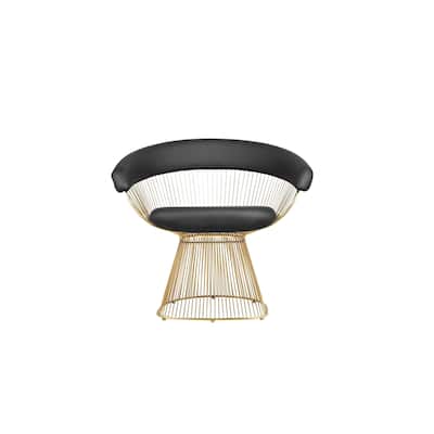 Mimi 27 Inch Accent Armchair, Black Faux Leather, Gold Steel Peacock Base
