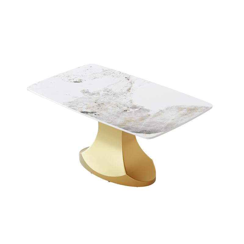 Dining Table for 6~8 Person, Faux Marble Kitchen Dining Table with Gold Pedestal.