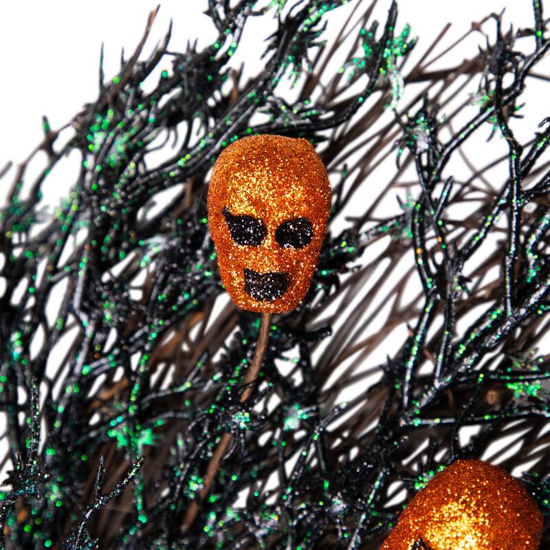 Black & Orange Skulls & Spiders Halloween Twig Wreath, 22-Inch