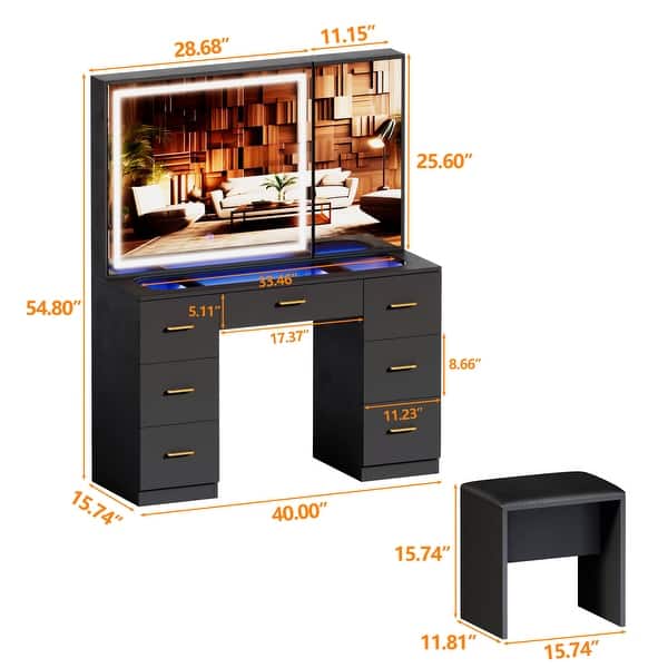 dimension image slide 3 of 4, Makeup Vanity with XL Lighted Mirror & Stool, 7 Drawers Bedroom Vanity Desk