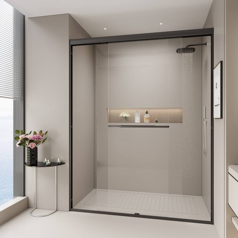 ABRUZZO 44-48" W x 72" H Semi-Frameless Double Sliding Tempered Glass Shower Door with Dual Towel Bars