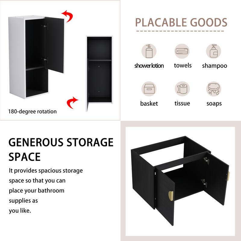 28" Floating Bathroom Vanity with Ceramic Sink, Soft-Close Doors, Wall-Mounted Side Cabinet, Black Chestnut