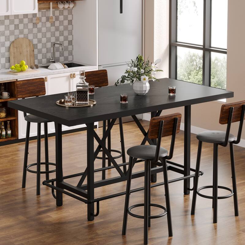 6-People Counter Bar Height Pub Table withe Footrest, Tall Bar Table with Thicken Wood Tabletop and Metal Frame for Home/Kitchen - Black