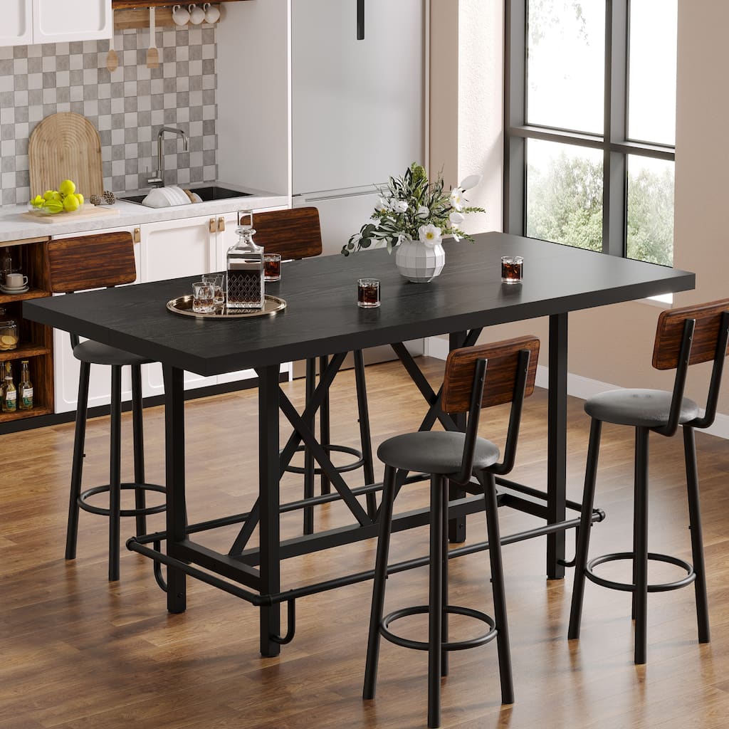 6-People Counter Bar Height Pub Table withe Footrest, Tall Bar Table with Thicken Wood Tabletop and Metal Frame for Home/Kitchen