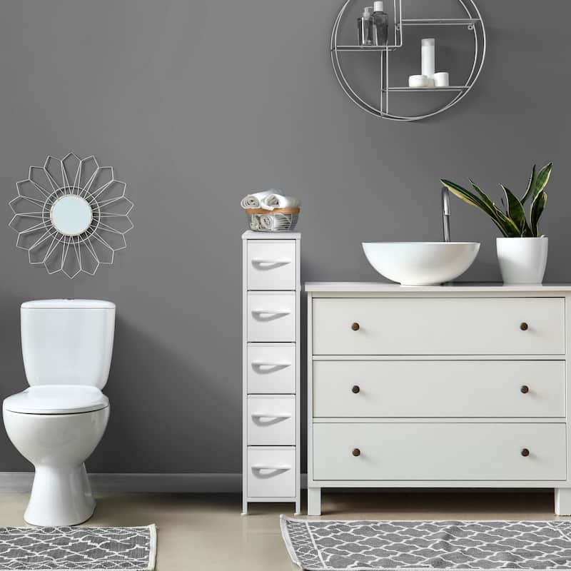 Sorbus Narrow Dresser with 5 Drawers - Vertical Slim Storage Chest of Drawers with Steel Frame, Wood Top & Easy Pull Fabric Bins