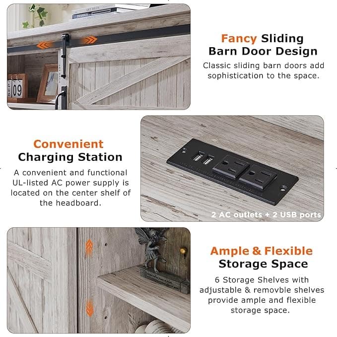 Farmhouse Full Size Bed Frame with Storage Shelves & Charging Station