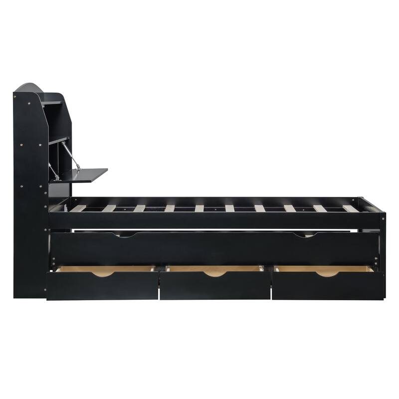 Twin Size Wooden LED Platform Bed with Trundle, with Storage Headboard, with Drawers