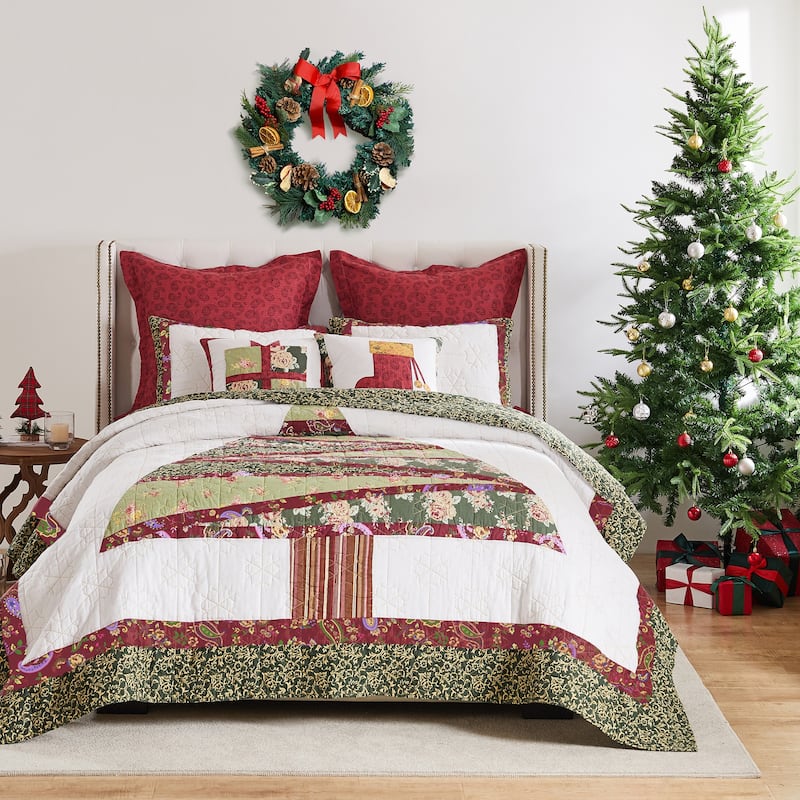 Greenland Home Fashions Christmas Tree Patchwork Cotton Quilt Set