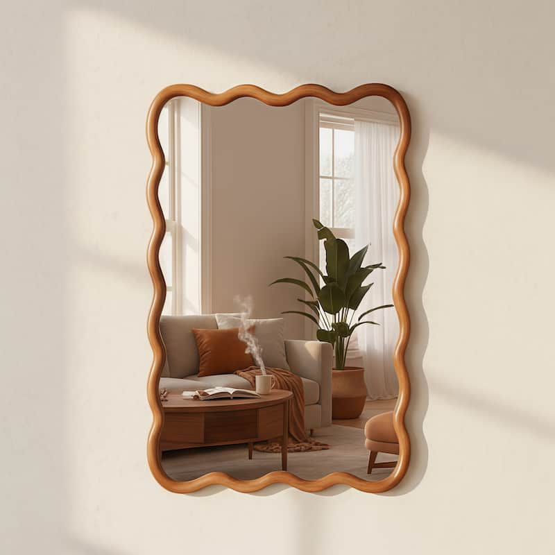24"x 36" Wavy Rectangle Solid Wood Frame Decorative Mirror,For Bedroom, Bathroom, Living Room, Entryway - Yellow Brown