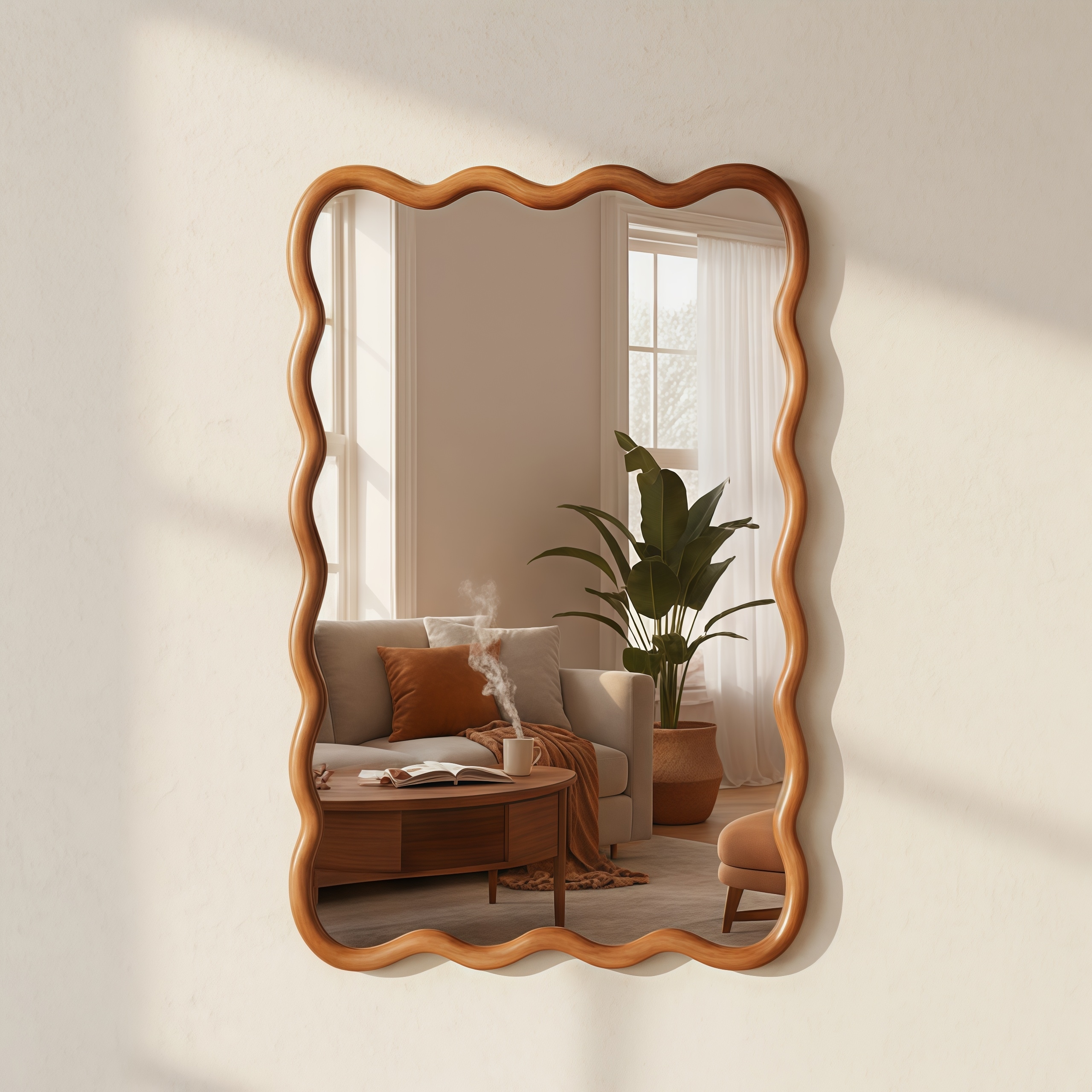 GDFStudio - Liorra Artistic Wavy Rectangular Wood Decorative Wall Mirror, Distortion-Free Glass & Dual Orientation Hanging