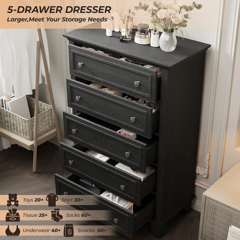 5-Drawer Dresser for Bedroom, 48" Tall Modern Wood Chest with Deep Drawers and Metal Handles
