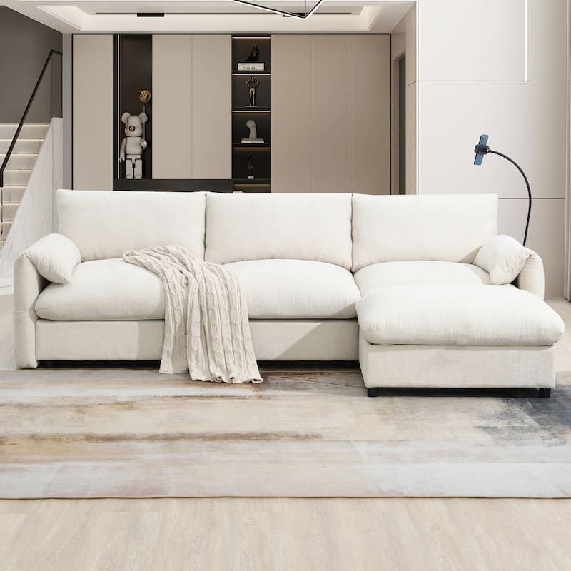 L-Shaped Chenille Sectional Sofa with Storage Ottoman, Lounge Sofa with Adjustable Phone Holder, Side Pockets & USB Charger Port