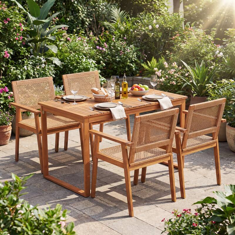 Gymax 5PCS Acacia Wood Dining Set Outdoor Table & Rattan Chairs for
