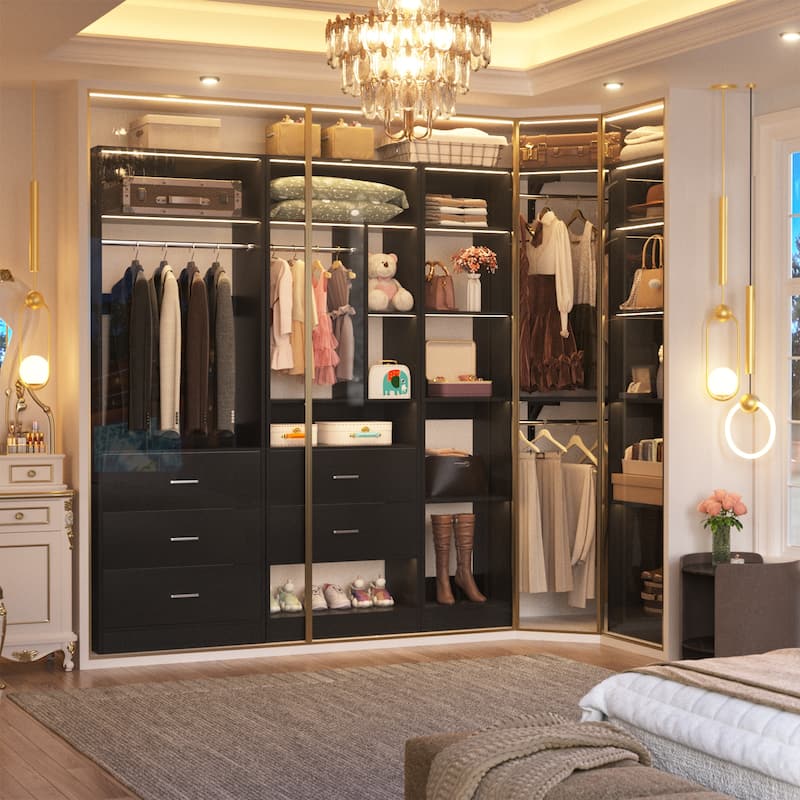 Kyrvo Corner Closet System with 5 Wooden Drawers & 12 Shelves, Freestanding Closet Organizer System for Walk-in/Reach-in Closet