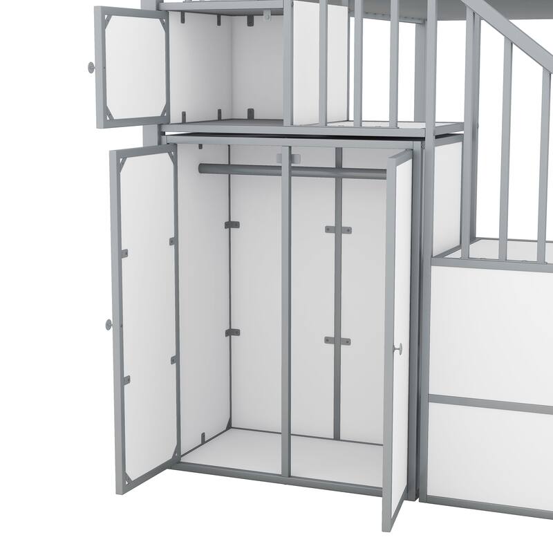 Twin Metal Castle Bunk Bed with Wardrobe, Staircase, and Cabinets