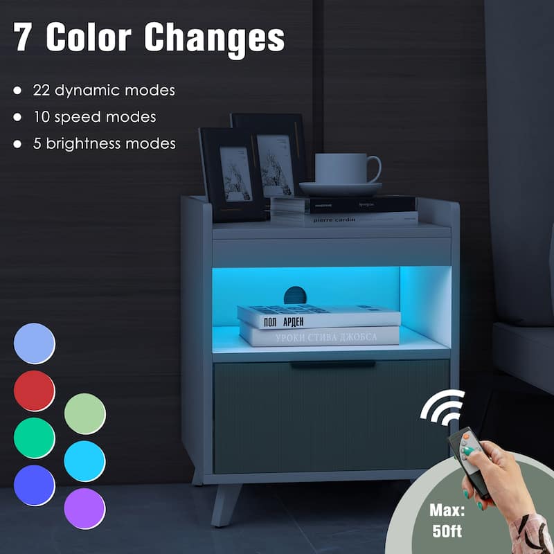 Gymax 2PCS Nightstand Modern Beside End Table w/ LED Lights Open