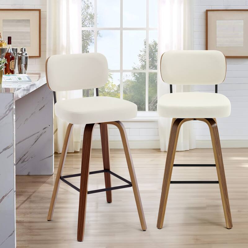 26"/29" Swivel Bar Stools/ Counter Stools with Bentwood Legs - Set of 2 - Cream White-PU Back - Bar Height