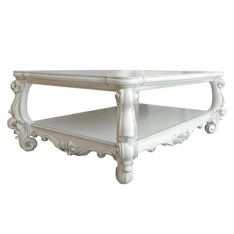 HomeRoots 57" White Wood Ornate Coffee Table With Shelf - 57' X '21' X '41