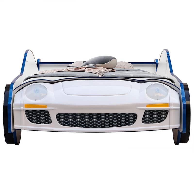 Kids Police Car Floor Bed with LED Light - Twin Size Role Play Bed for Boys & Girls