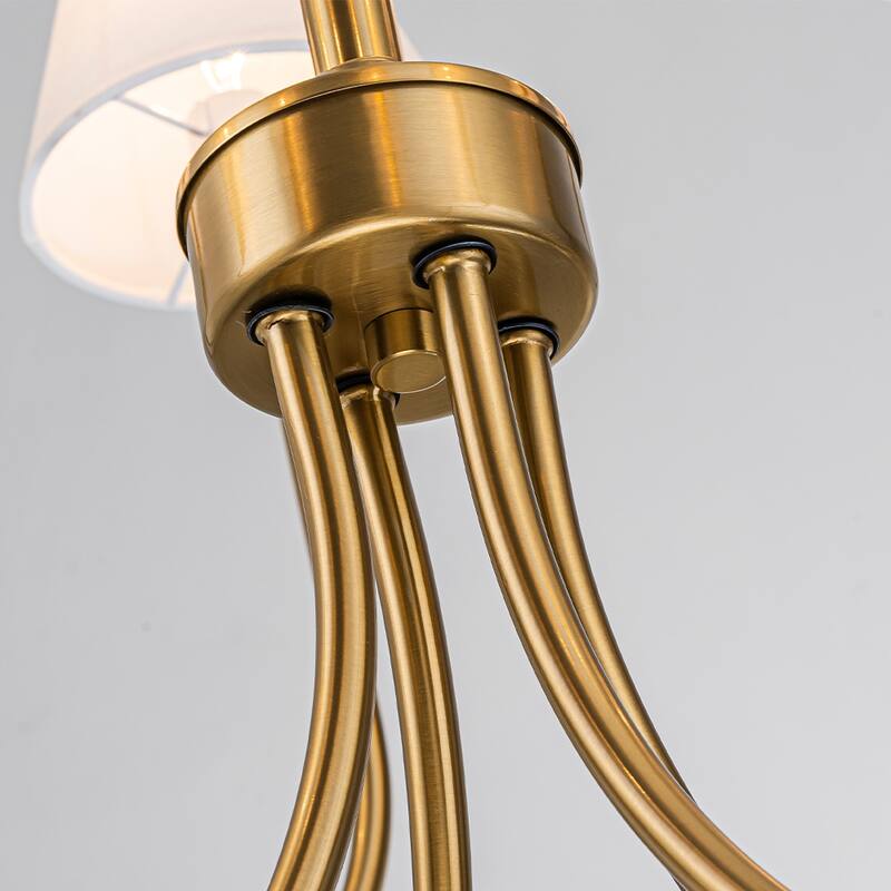 8-Light 32-Inch Mid-century Modern Satin Brass Large Chandelier with White Linen Fabric Shades For Dining Room or Foyers - W32''