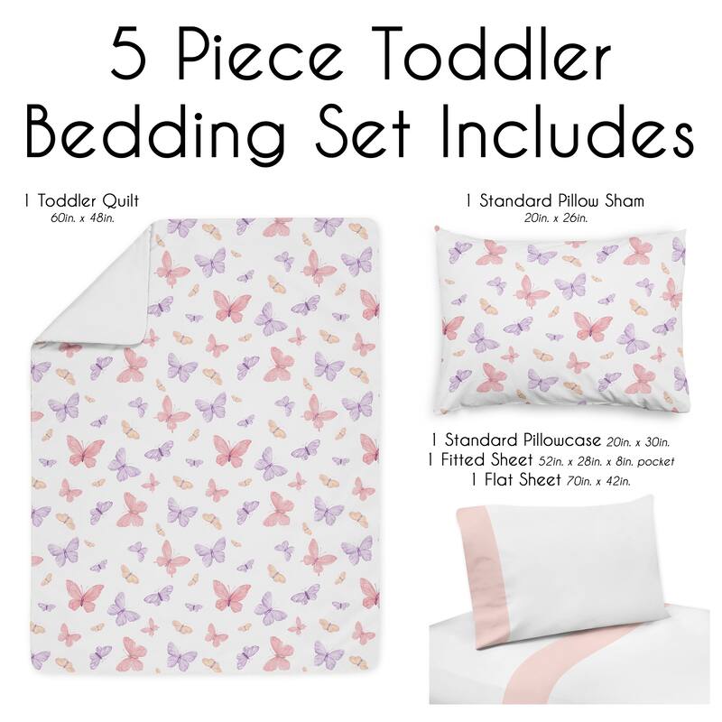 Sweet Jojo Designs Pink and Purple Shabby Chic Butterfly Girl 5pc Toddler-size Comforter Set - Colorful Butterflies Watercolor