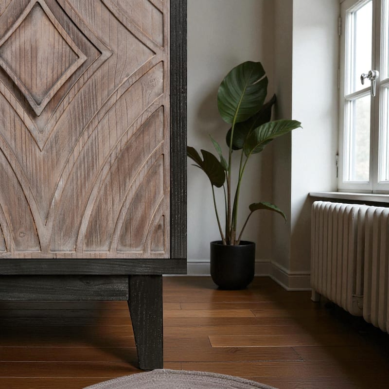 60" Mid Century Modern Sideboard Buffet Cabinet with Diamond Pattern Doors, Solid Wood Legs, Storage Credenza for Living Room