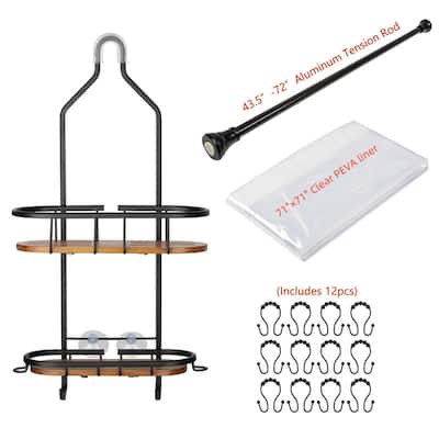 Utopia Alley Rustproof Teak Shower Caddy Organizer with 2 Shelves, Includes Shower Rod, Shower liner and shower hooks, Black