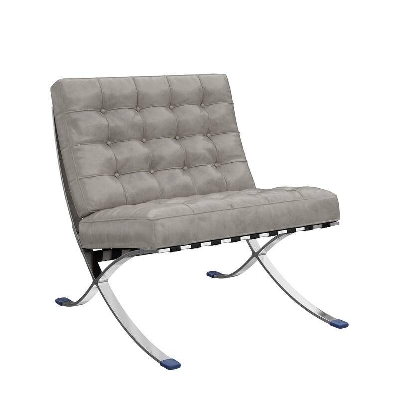 HomeRoots 30" Gray and Silver Tufted Faux Leather and Stainless Steel Folding Lounge Chair - 30.00 in. x 30.00 in. x 31.00 in.