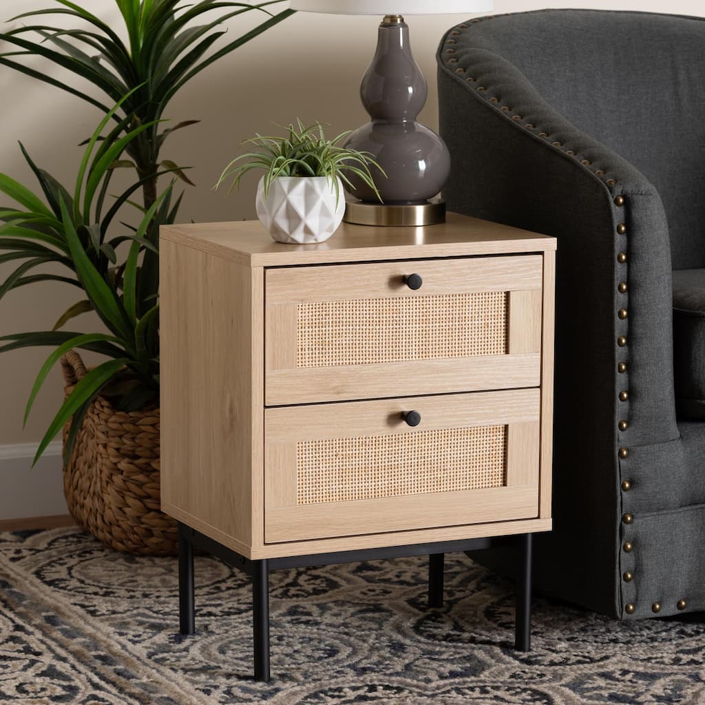 Sherwin Mid-Century Modern Light Brown and Black 2-Drawer End Table with Woven Rattan Accent