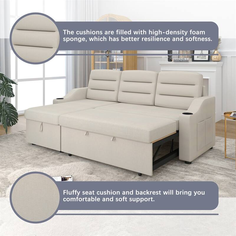 83.5" Convertible Sleeper Combo Sofa w/ Storage Recliner & Cup Holder