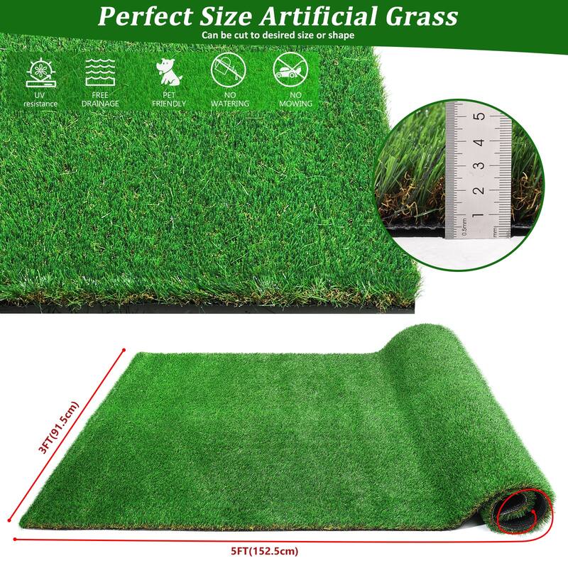 Artificial Turf Grass Runner Rug, Thick Realistic Fake Grass, Indoor, Outdoor - 3FTX5FT