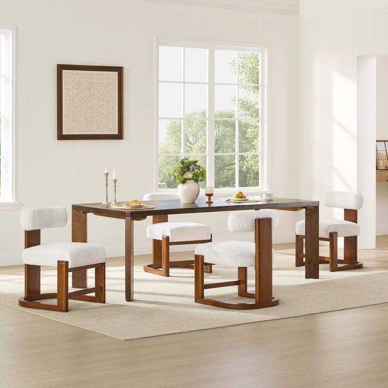 Spruce & Spring Arya Upholstered Boucle Dining Chair with Solid Wood Frame - Set of 4 - Beige-Walnut