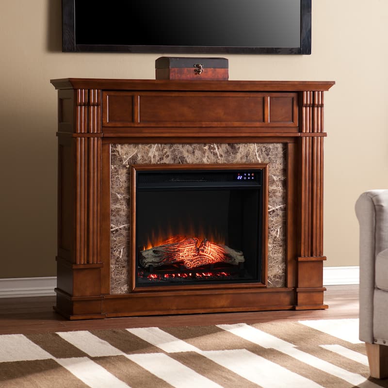 SEI Furniture Maple Faux Stone Electric Media Fireplace - Mirrored Reflector Firebox