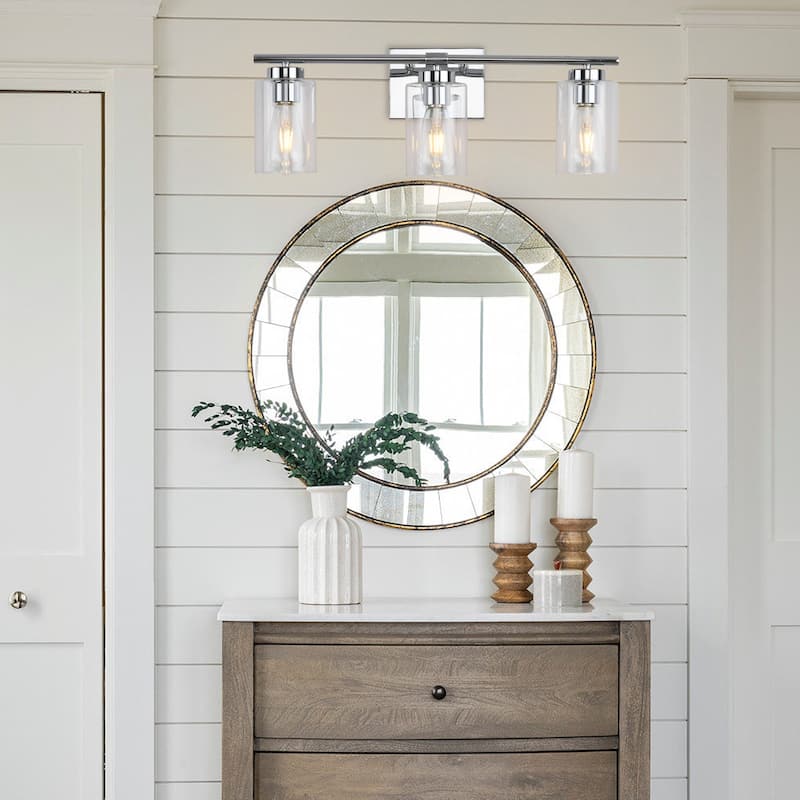 3-Light Wall Lights, Cylinder Bathroom Vanity Lights Glass Hallway Wall Sconces for Dining Room Living Room - W22.83"x H8.46" - Chrome