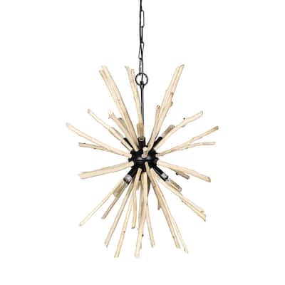 Jules 25x25 Blonde Wood and Black Metal Six Bulb Chandelier Light - 25.0L x 25.0W x 25.0H
