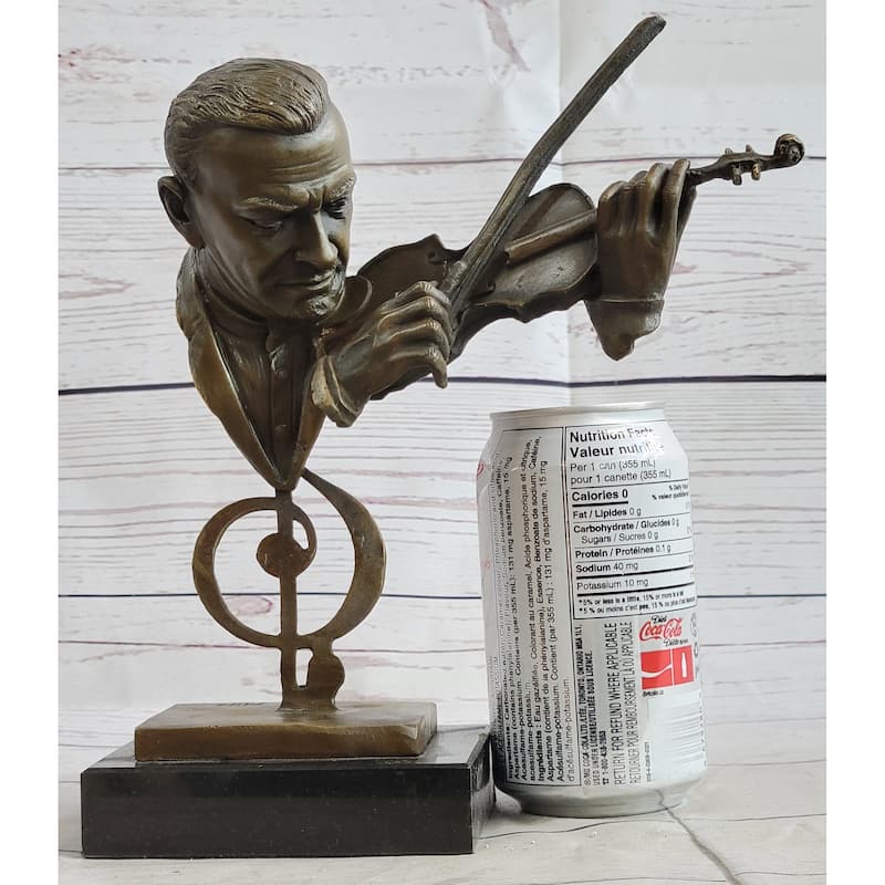 Signed Milo Abstract Man Playing Violin Bronze Bust Sculpture Marble Base Statue