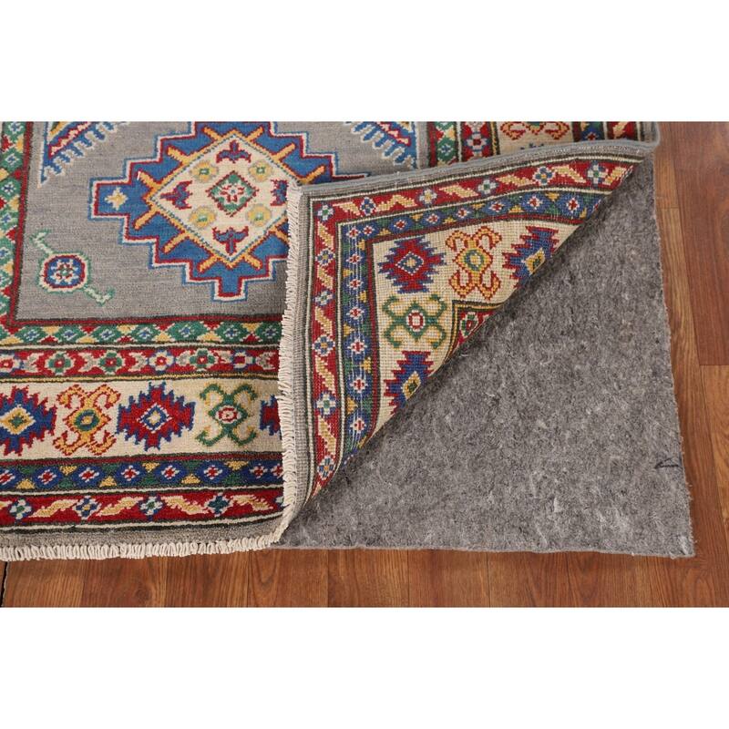 Gray Geometric Kazak Accent Rug Hand-Knotted Wool Carpet - 3'4" x 4'11"