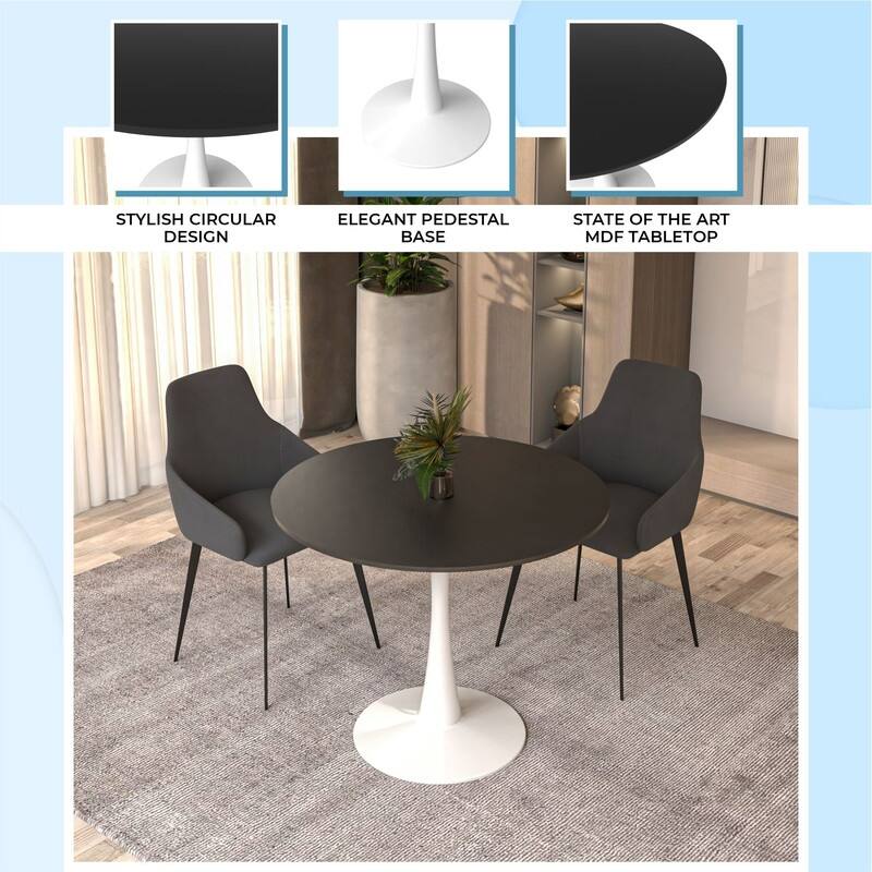 Bristol 35 Inch Mid Century Modern Round Dining Table, Wood Top & Glossy Iron Pedestal Base for Kitchen & Dining Room