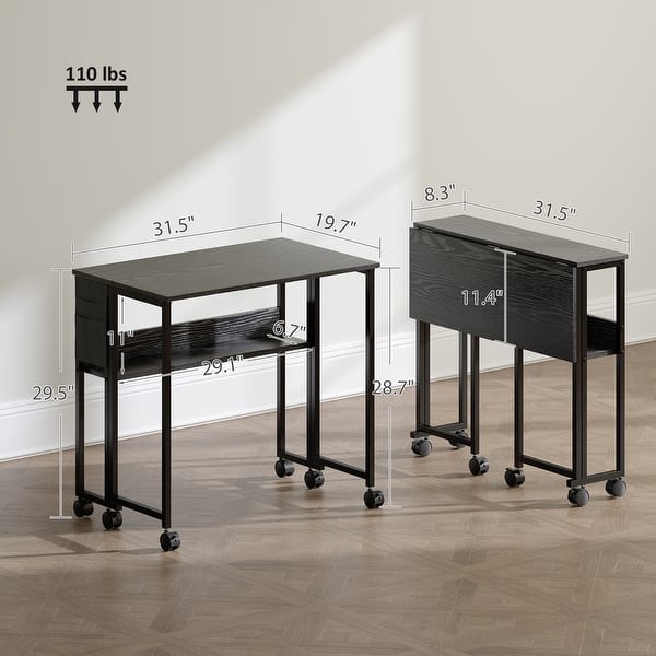 dimension image slide 0 of 3, HOMCOM Small Folding Desk, Rolling Computer Desk Foldable with Storage Bag and Shelf, 31.5" Portable Writing Table on Wheels