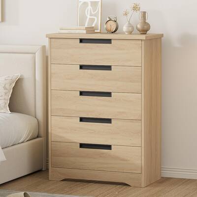 5 Drawer Dresser for Bedroom, Natural Chest of Drawers with Embedded Handles, Wooden Dresser Organizer