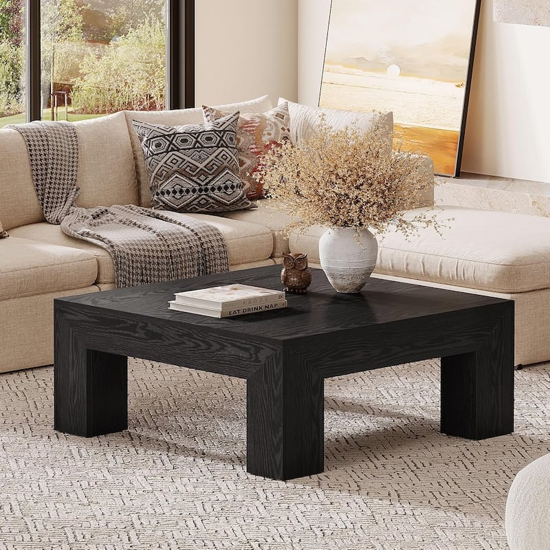 39.37-Inch Farmhouse Square Coffee Table for Living Room, Low Large Center Tea Accent Table - Black