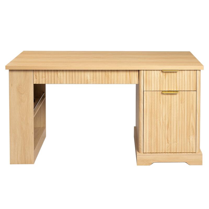 Roomfitters 55" Modern Fluted Office Desk with Charging Station, Storage Cabinet & Pegboard